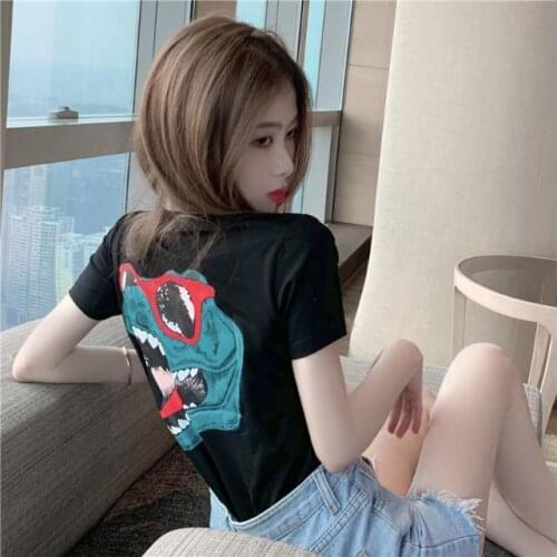 Hong Kong style ins tide shirt with dinosaur letters printed short-sleeved small loose T-shirt women