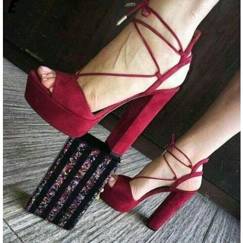 Woman Burgundy Suede Chunky Heels Peep Toe Cross-tied Sandals Fashion Cut Out Platform Block Heeled High Heel Sexy Dress Shoes
