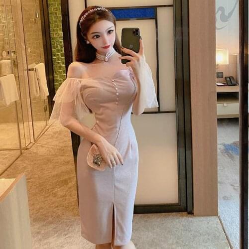 Summer Sexy Temperament Vintage Office Dress Square Collar Chiffon Stitching Short-Sleeved Bag Hip Slim 2021 Spring Party Femme