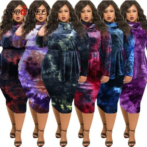 SEBOWEL Plus Size Womens Velvet Peplum Dress L-5XL Autumn Winter Tie-Dye Print Long Sleeve Bowknot Neckline OL Midi Dresses