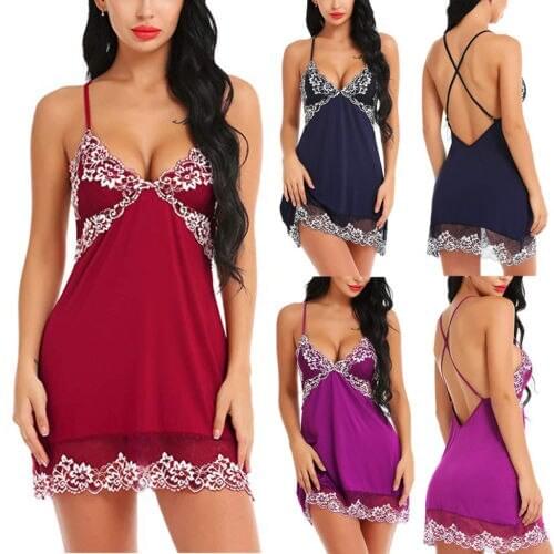2019 Sexy Lingerie Women Patchwork V Neck Silk Lace Robe Dress Babydoll Nightdress Nightgown Sleepwear