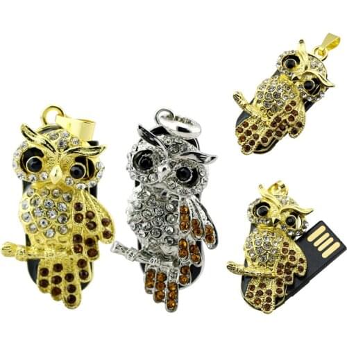 Gold Sliver Diamond Crystal Owl Necklace Usb Flash Drives 8GB 16GB USB Flash 2.0 Mini Memory Drive Stick Storage Pen Thumb Card