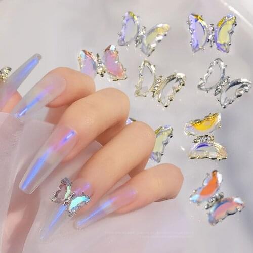 10pcs Aurora Crystal Butterfly 3D Nail Art Decorations Shiny Diamond Glass Alloy Flat Base Design Jewelry Manicure Accessories