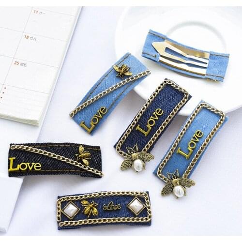 10 Pcs Women Girls Hair Clip Hand-Made Denim Bronze Letters HairClip Girls Hair Accessories Hairpins Headdress