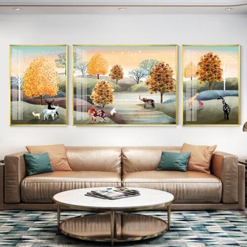 3pcs Animal Deer Golden forest Artwork Modern Posters Prints Abstract Paintings Nordic Style Wall Picture for Living Room Decor