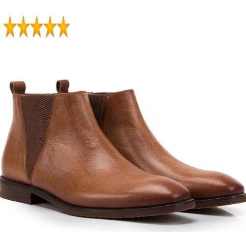 Genuine Cow Mens Vintage British Style Ankle Chelsea Boots Soft Leather Male Low Heel Warm Breathable Brown Casual Shoes