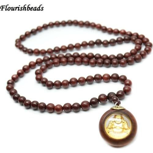 Natural Blood Sandalwood 8mm Round Beads Gold Laughing Buddha Pendant Mala Necklace 5pc per lot