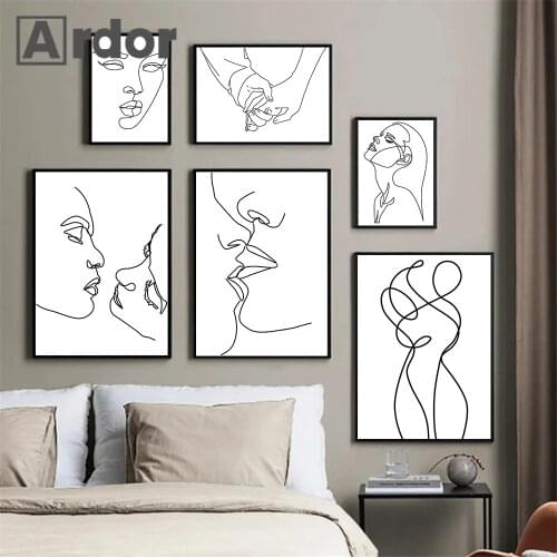 Black And White Women Body Line Drawing Wall Art Poster Hand In Hand Art Print Couple Kiss Canvas Painting Nordic Home Decor