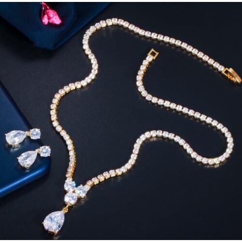 CWWZircons Bling Cubic Zirconia Dangle Drop Women Wedding Necklace Earrings Set Trendy African Nigerian Gold Bridal Jewelry T545