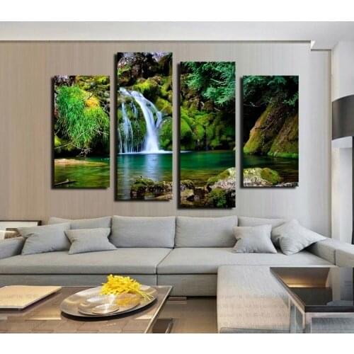 4 Panel Green Tree Waterfall Decorative Picture Modern Picture Wall Pictures For living room Painting on the wall Cuadros Deco