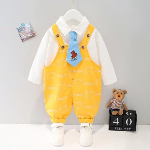 Baby Set Toddler Boy Pantsuit Newborn Long Sleeve White Shirt+Cartoon Suspender Pants Two Piece British Style Infant Kids Outfit
