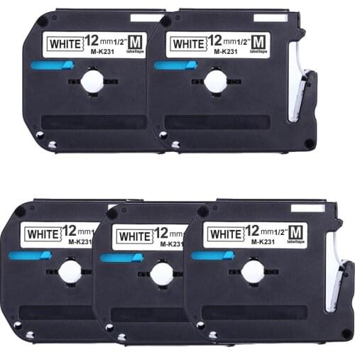 Label World 5 PACK MK231 Compatible Brother M-K231 MK231 MK 231 Black on White 12mm laminated strong adhesive label tapes