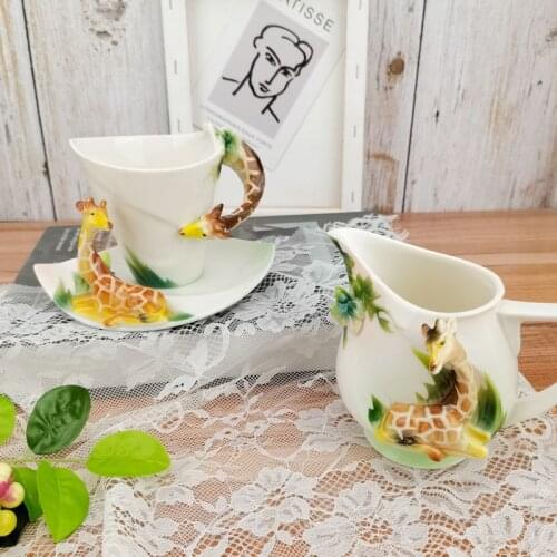 Porcelain coffee cup cartoon giraffe cup dish set ceramic milk cup juice cup European and American style embossed flower tea cup