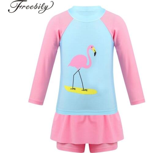 Childrens Swimsuit 2020 Summer Two Piece Flamingo Swimwear UPF 50+ Long Sleeves Tankini Rashguard Tops Bottoms Girls Swimsuit