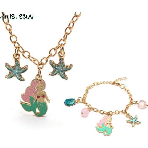 MHS.SUN Fashion Kids Girls Jewelry Mermaid Pendant Necklace Bracelet DIY Handmade Chain Necklace For Children Party 1Set
