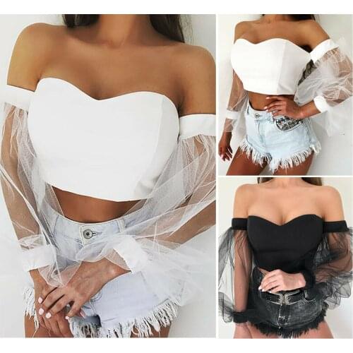 Fashion Women Long Sleeve Ladies Tops Mesh Bubble Sleeve Off Shoulder Sexy Blouse Crop Tops V Neck Solid Shirts Blusas