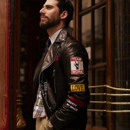 Fashionable Printed Vegetable Tanned Goatskin Moto Jacket