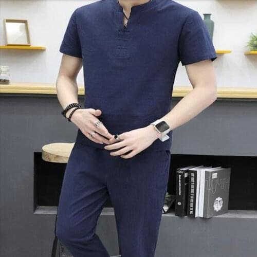 Summer Comfortable V Neck Solid Cotton Linen Retro Short Sleeve Loose Fit Fashion Clothes Sets Slim Fit Trouser For Men Sets