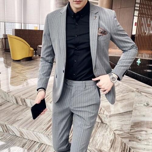 2Pieces Jacket+Pant Vertical Stripes Wedding Dress Suit Men Clothing 2021 All Match Slim Fit Business Formal Wear Costume Homme
