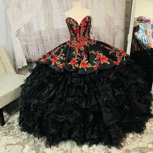 Appliques embroidery Quinceanera Dresses Sweetheart Ruffles Tiered Skirt lace-up corset back black Sweet 16 Party Ball Gown Prom