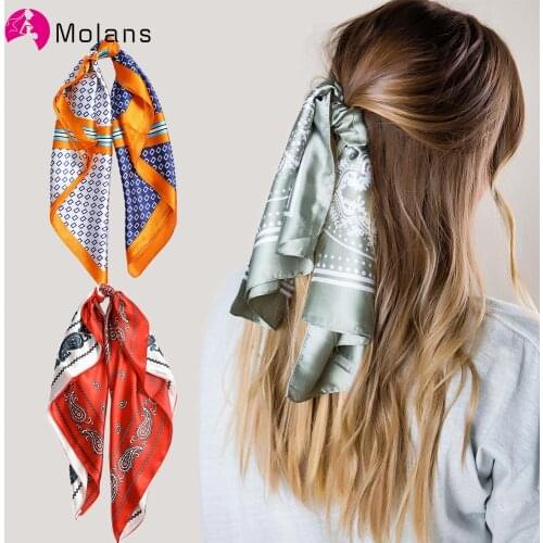 Molans 60*60 Cm Ribbon Hair Scarf Elegant Scrunchies for Women Hairband Stripe Print Pattern Hair Tie Girls Headwear