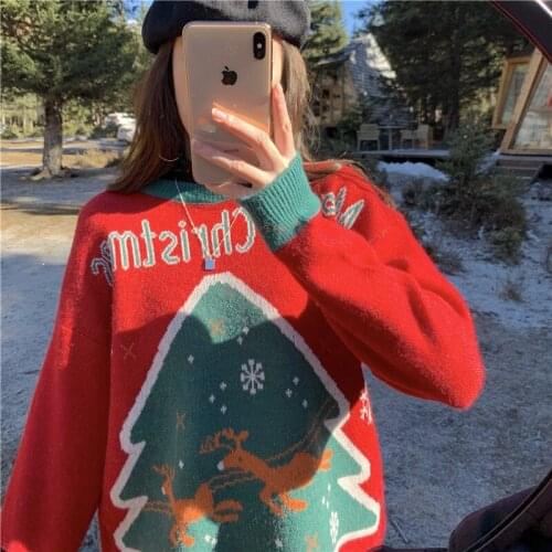 Christmas Sweet Vintage Sweaters Winter All-match Cartoon Print Knitted Pullovers Thick Winter Sweaters 2020 Fall Winter Fashion