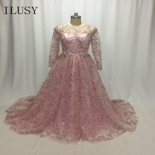 ILUSY Pink Elegant Evening Gowns With Bling Lace Long Sleeve A-line Evening Dresses Customize Plus size Vestido De Festa