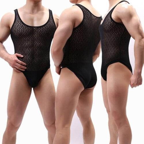 Sexy Mesh Bodysuits See Through Shapewear Male Bodybuilding Slimming Wrestling Body Shaper Gay Underwear U-convex Pouch Jumpsuit