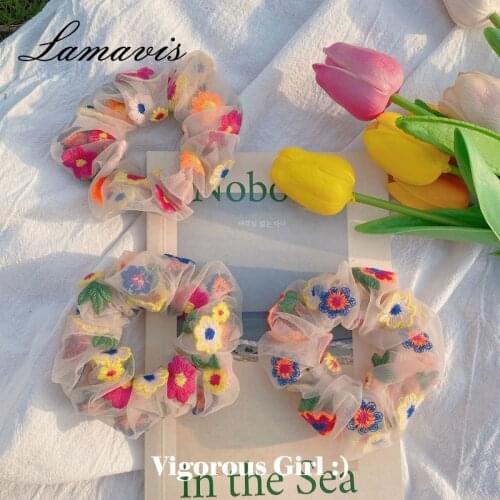 Super Fairy Embroidery Flower Hair Rope Mesh Hair Circle Ins Retro Large Intestine Circle Head Rope Korean Girl Hair Accessories