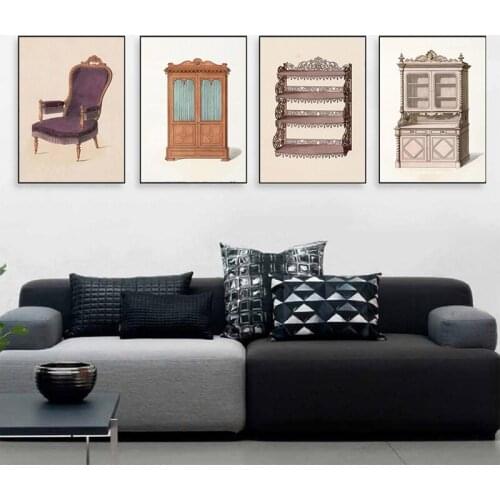 Vintage Armoire Poster and Prints Wall Art Chair Dresser Furniture Pictures Canvas Painting Girls Room Bedroom Home Decor Gift