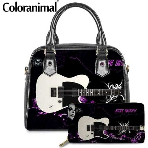 Coloranimal Music Guitar Print Luxury Tote Handbags Women 2pcs/set Hand Bags PU Leath Black Shoulder Bag With Zipper Lady Wallet