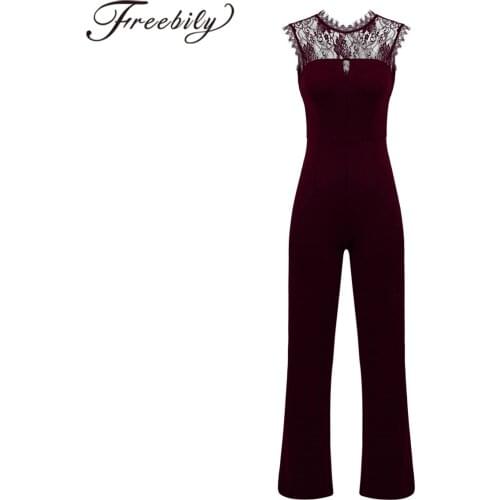 Womens Ladies Gymnastic Trousers Lace Floral Sleeveless High Waisted Wide Leg Pants Rompers Formal Jumpsuit Elegant Dance Wear