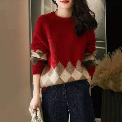 Retro diamond sweater 2021 spring and autumn new temperament all-match round neck sweater womens western casual top