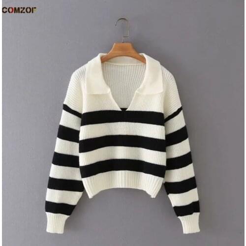Vintage Black White Stripe Sweaters Women 2021 Autumn Winter Knitted Tops Loose Short Clothes Long Sleeve Pullover Sueter Mujer