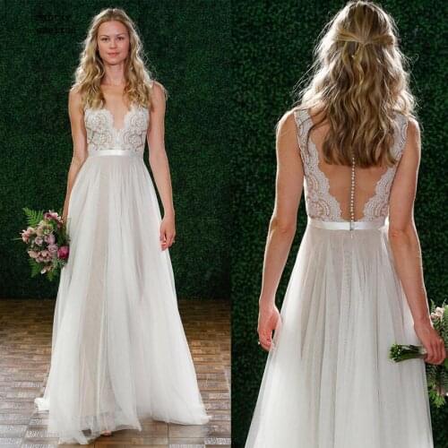 V-neck Lace & Tulle Long Beach Sleeves Bride Dress Illusion Back Buttons Cheap Plus Size Wedding Dress Vestido De Noiva A Line