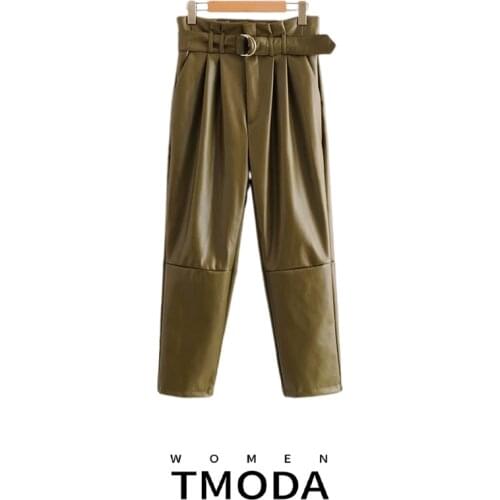 Vintage Stylish PU Faux Leather With Belt Pants Women 2020 Fashion Paperbag High Waist Pockets Female Ankle Trousers Pantalones