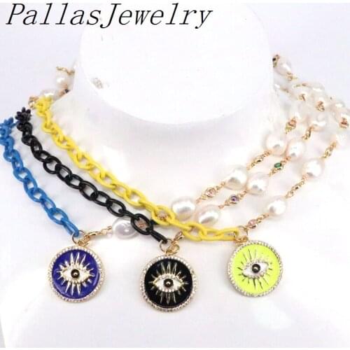 3Pcs Freshwater Pearl Necklace for Women with Enamel Eye Coin Pendant Neck Chain Necklace Women CZ Copper Party Fashion Jewelry
