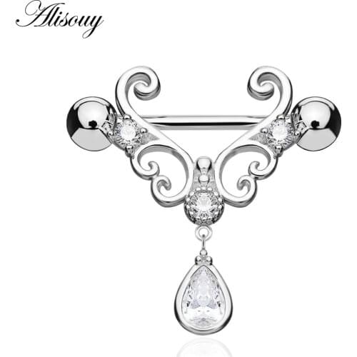 Alisouy 1 PCS 316L Stainless Steel Women Girl Nipple Body Piercing Jewelry Teardrop Zircon Dangle Nipple Ring Barbell Beauty