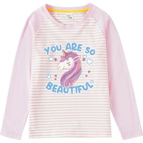 Spring Autumn New Childrens Raglan Long Sleeve T-Shirts Girls Stripe Cartoon Horse Print Cotton Tops Korean Casual Kids T-shirt
