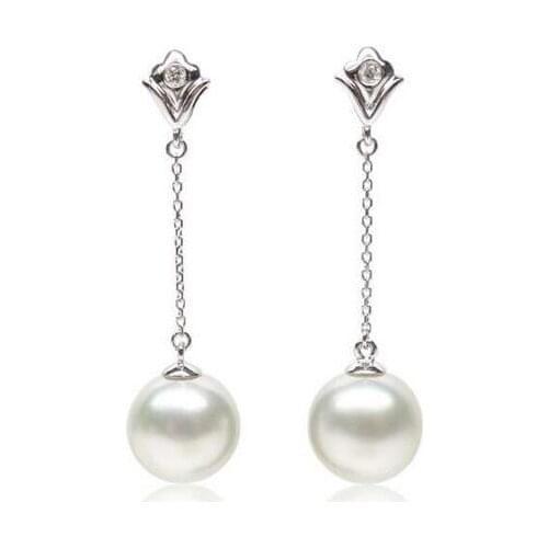 Free Shipping AAA 11mm White Genuine South Sea Pearl Diamond Long Drop Earrings 18K White Gold