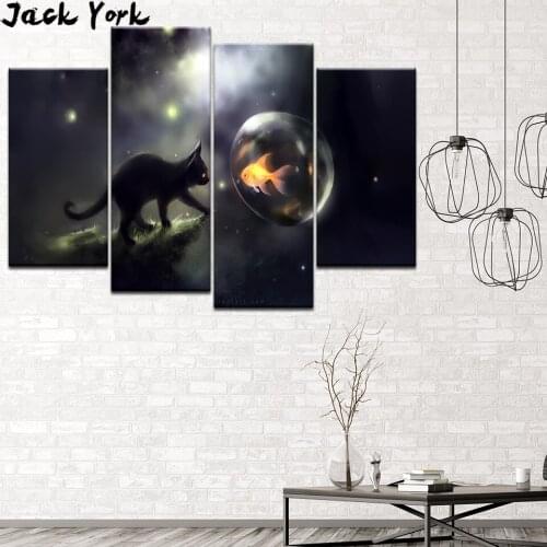 Canvas Painting Whitelotous Night Black Cat 4 Pieces Wall Art Painting Modular Wallpapers Poster Print living room Home Decor