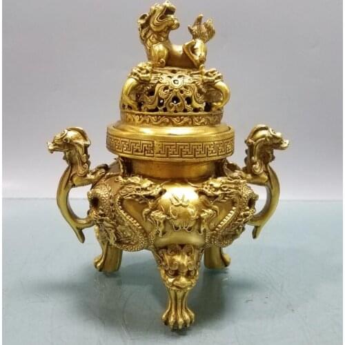 China brass seiko double dragon Incense burner crafts statue