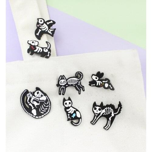 Cute Cartoon Skeleton Dog Rabbit Bird Metal Enamel Brooch Fun Lovely Furry Cat Badge Pin Unique Trendy Costume Jewelry Gift kids