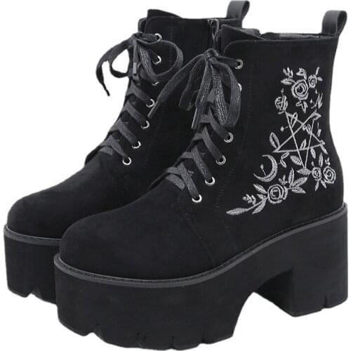 Fashion Flower Platform Boots Chunky Punk Suede Leather Womens Gothic Shoes Nightclub Lace Up Back Zipper High Quality