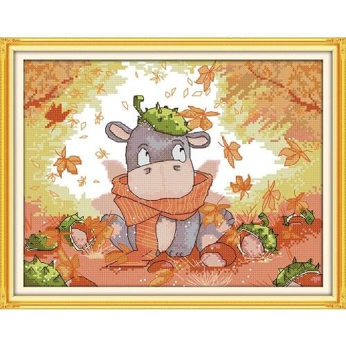 The autumn rhino baby cross stitch kit animal cartoon 14ct 11ct count print canvas stitches embroidery DIY handmade needlework
