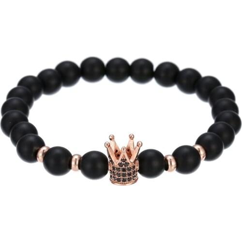 Natural Blcak Matte Onyx Bead 24K Real Gold Multi-color CZ Crown Plating Charms Bracelet For Woman Man Wedding Birthday Gift