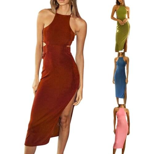 2021 New Women Sexy Close-fitting Backless Dress, Solid Color Sleeveless , Green/ Black/ Brown/ Pink