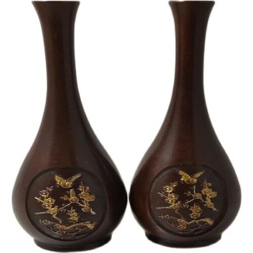 A pair of Chinese antique gilt bronze plum flower vases