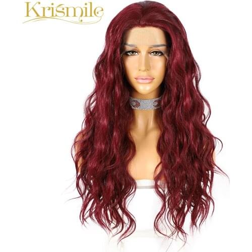 Futura Fiber Long Synthetic Lace Front Wigs Burgundy Water Wave Hair for Women Daily High Temperature Make Up Top Quality
