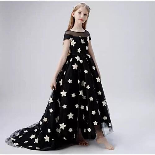 Flower Girl Dresses Short Illusion Embroidery O-Neck Princess Floor-Length Tulle Lace Luxury Black Elegant Kids Party Gown H488